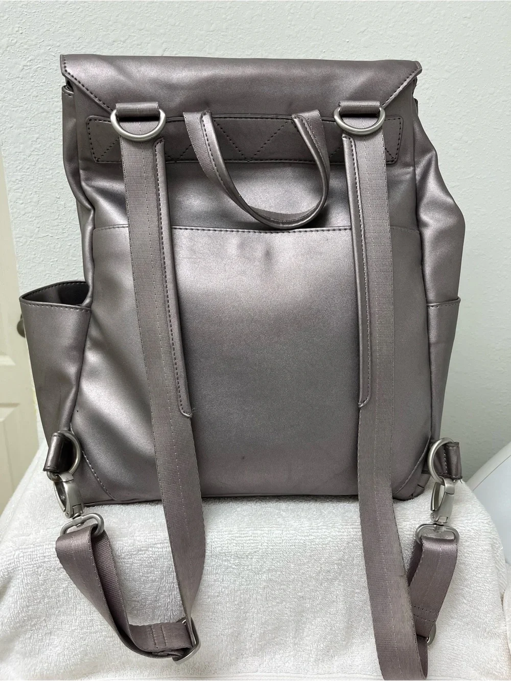 Freshly Picked Metallic Silver Solid Backpack Diaper Bag w/ Changing Pad, Straps